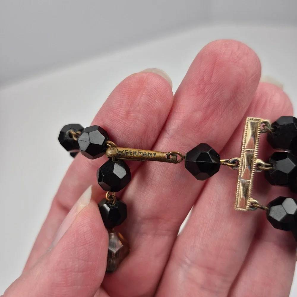VTG West Germany‎ Art Glass 3 Strand Beaded Necklace Black Beige Choker 18
